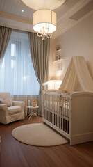 Minimalistic interior of a children's room with a wooden cot and an armchair in a modern bright apartment.
