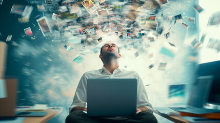 Male prompt-engineer writing a prompt, creativity process. Working with AI artificial intelligence