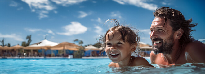 Un père et sa fille se baignant dans une piscine, l'été sous un beau ciel bleu, image avec espace pour texte.