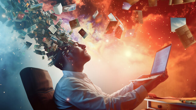 Male prompt-engineer writing a prompt, creativity process. Working with AI artificial intelligence