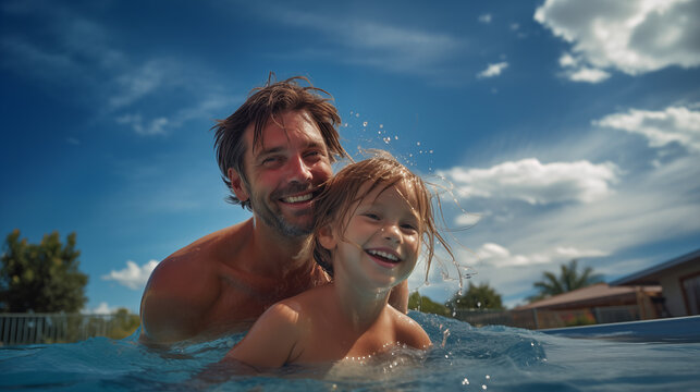 Un p&egrave;re et sa fille se baignant dans une piscine, l'&eacute;t&eacute; sous un beau ciel bleu