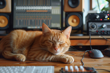 A cat sleeps in a home studio.