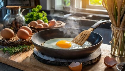 Fried eggs in a pan in a rustic kitchen