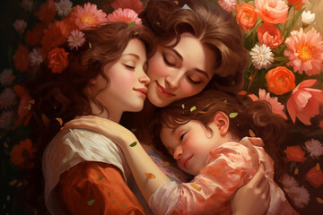 mother and two daughters tenderly hug on a floral background, Mother's Day