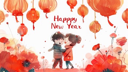 A Watercolor Dreamscape of Joyous Children Amidst Vibrant Flowers and Red Lanterns, Welcoming the New Year