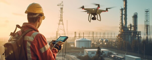 Man in safety gear pilots a drone at an industrial complex during a warm sunset, possibly for inspection or surveillance purposes.
