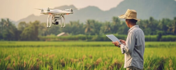 Fototapeta na wymiar A man with a tablet controls a drone over a green field, representing modern technology in agriculture possibly for sustainable farming promotion.