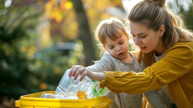 A woman teaches a child to recycle outdoors on a sunny autumn day, perfect for themes like Earth Day and promoting environmental education.