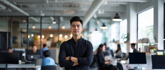 A young man with a confident stance in a modern office setting exuding professionalism, ideal for corporate branding or career-related themes.