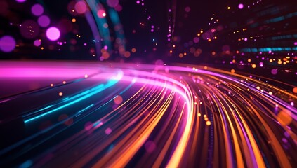Vibrant abstract image with glowing neon lights in purple, pink, and orange, conveying motion and energy, suitable for technology themes or festive events.