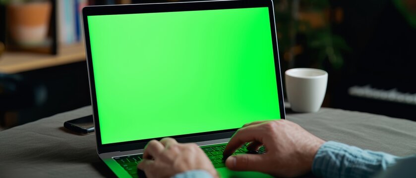 Person working on a laptop with a green screen suitable for digital mockups, set in a home office environment, ideal for remote work or freelance promotional material.
