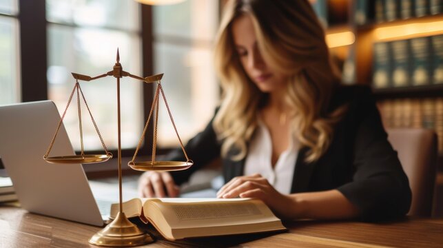 Lawyer reading book. judge scale on a desk