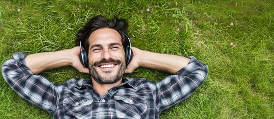 Young man listening to the music via headphones while having rest on the lawn. Ears attuned to music, heart to nature's melody. Bliss - obrazy, fototapety, plakaty