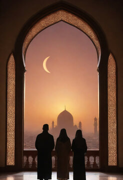 A silhouette of Muslims in traditional clothes standing under an Arabian arch and looking at a beautiful mosque at sunset and crescent moon in the sky during Ramadan