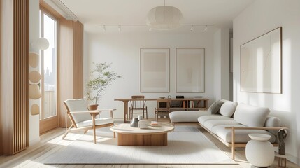 A tranquil Scandinavian design living room bathed in natural light, featuring wooden accents and minimalist artwork.