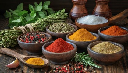 Various spices and herbs on a table