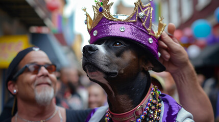 Owner crowning Mardi Gras dog - obrazy, fototapety, plakaty