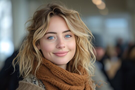 Winter Bliss: A Blonde Bombshell in a Brown Scarf Generative AI
