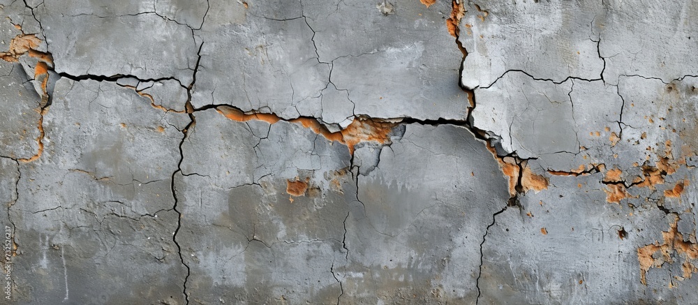 Poster A detailed view of a cracked concrete wall, showcasing the artistic beauty of worn building materials and visual arts.