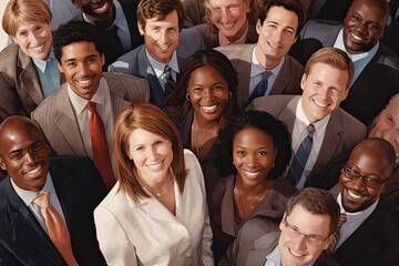 Fototapeta premium Collective Success: From a bird's-eye view, a row of joyful business colleagues stands together, symbolizing solidarity and shared success in their endeavors.