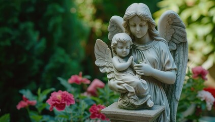 Obraz premium Statue of an angel, a symbol of peace, in the cemetery.