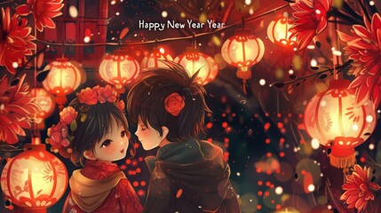 A Flourishing New Year: A Vibrant Celebration with Red Lanterns and Blooming Flowers. A Joyful Depiction of Flowers and Lanterns Welcoming the New Year