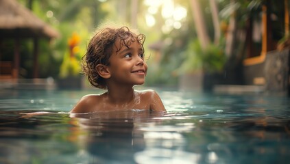 Smiling cute little girl in water in sunny day.