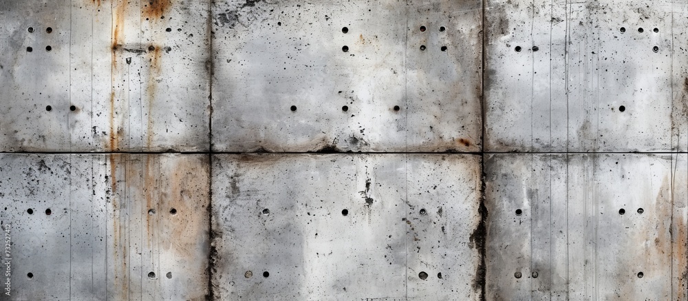 Poster a detailed view of a composite material wall with rectangular holes, showcasing symmetry. it feature