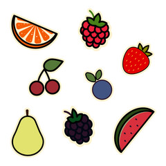 Sticker pack, a set of berry and fruit stickers. Stickers for packaging, vector design, line art design. Healthy food.