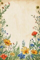 Vintage Journal sheet with lined writing space adorned by a hand-drawn border of wildflowers.