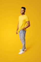 Pleased indian man in casual wear stands isolated on yellow, male student, young handsome guy standing in relaxed pose and looking aside, holding hand in pocket of jeans, full length