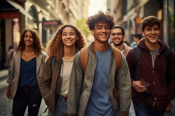 Fototapeta premium Happy multiracial friends walking down the street. Friendship concept with multicultural young people on winter clothes having fun together