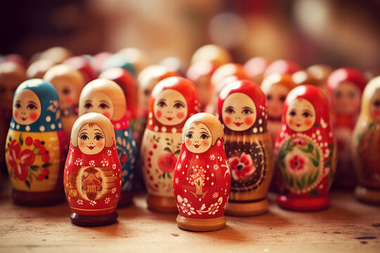 Brightly painted population of wooden Matryoshka or Babuska stacking dolls. Varying sizes. Females faces with red lipstick and rosy cheeks. Girls in traditional floral dresses and scarfs