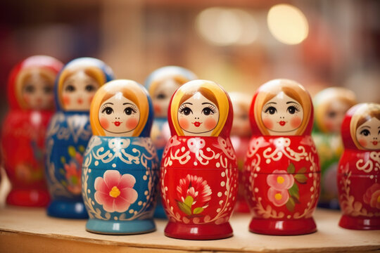 Brightly painted population of wooden Matryoshka or Babuska stacking dolls. Varying sizes. Females faces with red lipstick and rosy cheeks. Girls in traditional floral dresses and scarfs