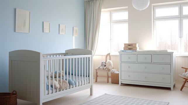 Minimalistic Interior of the baby boy room. Wooden baby cot and furniture in a bright house in pastel blue and white colors.