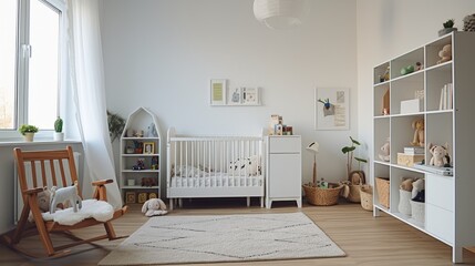 The interior of a spacious children's room with a wooden crib, an armchair, shelves for toys in a modern white apartment.