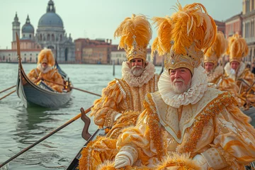 Tuinposter Carnival fantasy: festive masquerade on the Grand Canal in Venice, men in magnificent antique looking costumes, crossing the canal in gondolas © acrogame