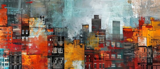 This painting depicts a city skyline with numerous buildings, skyscrapers, and tower blocks. It showcases urban design and the art of visual arts in a landscape form.