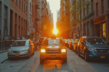 Photo sur Aluminium TAXI de new york Sunset Glow on New York City Street. Sunlight floods a New York City street at sunset, casting a golden glow on taxis and buildings.  