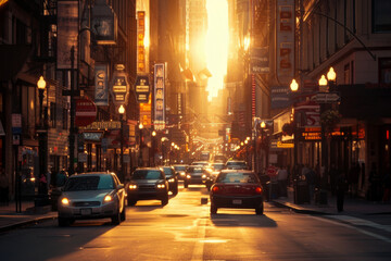 Urban Street at Sunset with City Life. The sun casts a golden glow over an urban street scene with...