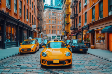 Colorful Cars Lined Up on Cobblestone Street. Vibrant yellow cars, including a taxi, line up on a...