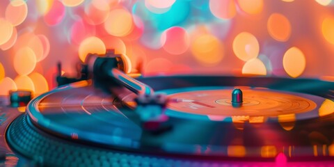 Vibrant bokeh lights sparkle behind a turntable arm gently resting on a spinning vinyl record, evoking a festive music atmosphere