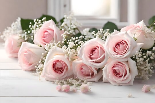 gentle elegant soft pink roses with  few bunches of  Gypsophila flowers, on rustic white wooden table,