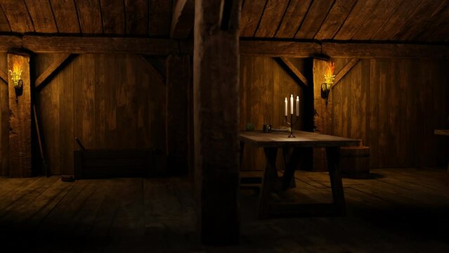 The inside of the old tavern is lit with torches. There are tables with food and drinks, candles are burning. 3D animation.
