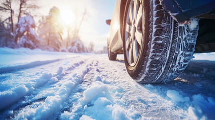 Winter roads. Car on snow road. Closeup of winter tires on snowy road with forest background
