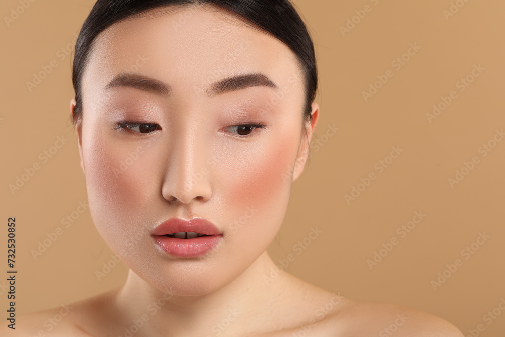 Canvas Prints Beautiful woman with healthy skin on beige background. Space for text