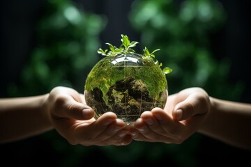 Hands holding green earth. Saving environment, save clean planet, ecology concept. Card for World Earth Day.