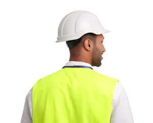 Engineer in hard hat on white background, back view