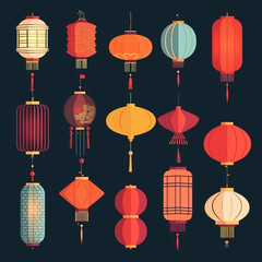 Fototapeta na wymiar Set of Chinese lanterns in flat style.