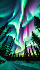 Fototapeta premium Aurora Borealis, Northern Lights, Nature, Sky, Night, Astronomy, Phenomenon, Aurora, Polar, Light Show, Celestial, Spectacular, Beauty, Atmospheric, Green, AI Generated.